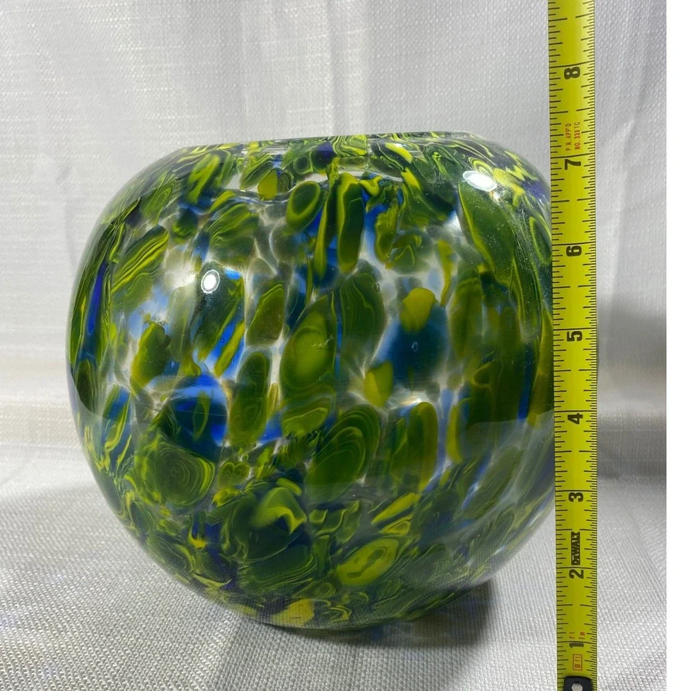 Hand Blown Art Glass Vase Round Confetti Swirl Green Yellow Blue 7 Inch